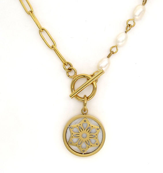 Picture of Filigree Flower with MOP and Pearl Statement Necklace