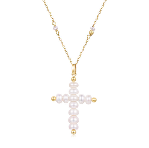 Picture of Baroque Pearl Cross w/ Steel Beads Statement Necklace 